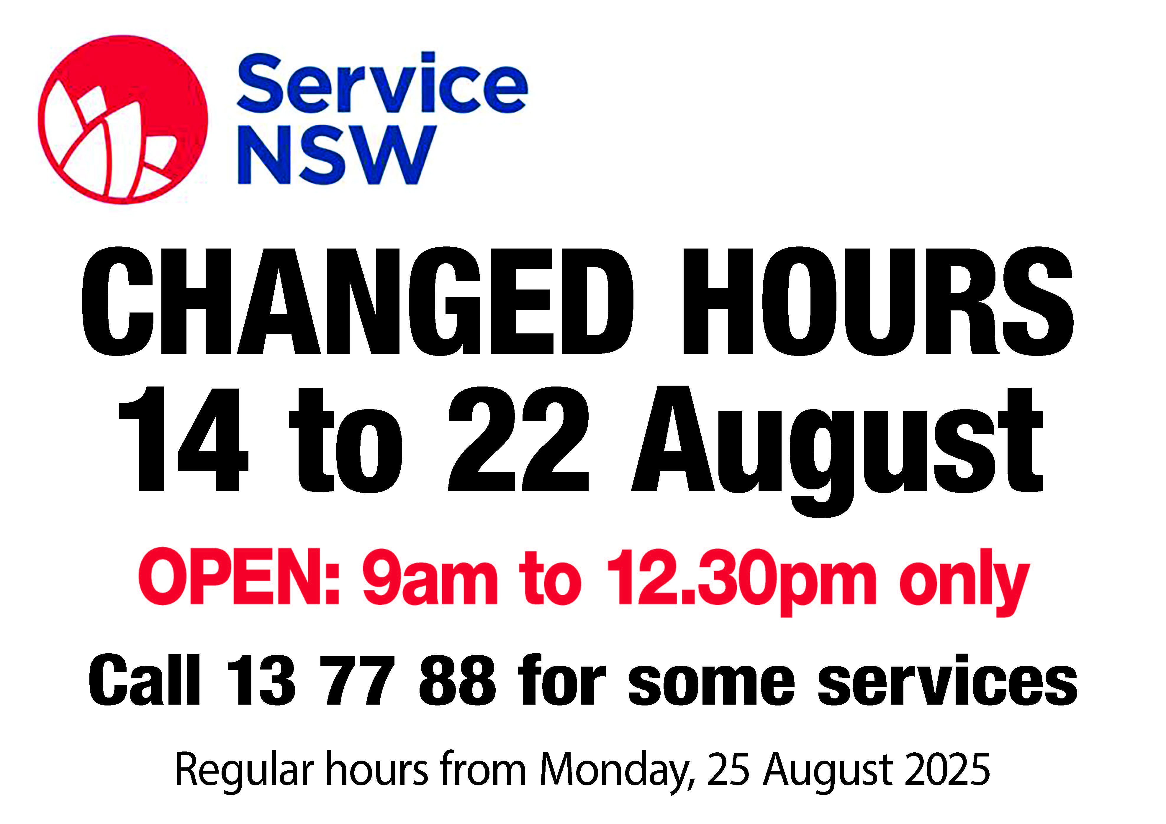 Variation to the Service NSW Agency hours of operation